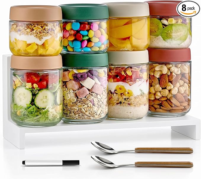 Qipecedm® 8 Pack Overnight Oats Containers with Lids, Large & Small Glass Mason Jars 16oz & 10 oz, Breakfast Oatmeal Container to Go, Salad Meal Prep Jars for Food Storage, Mush Chia Seed Pudding Jars