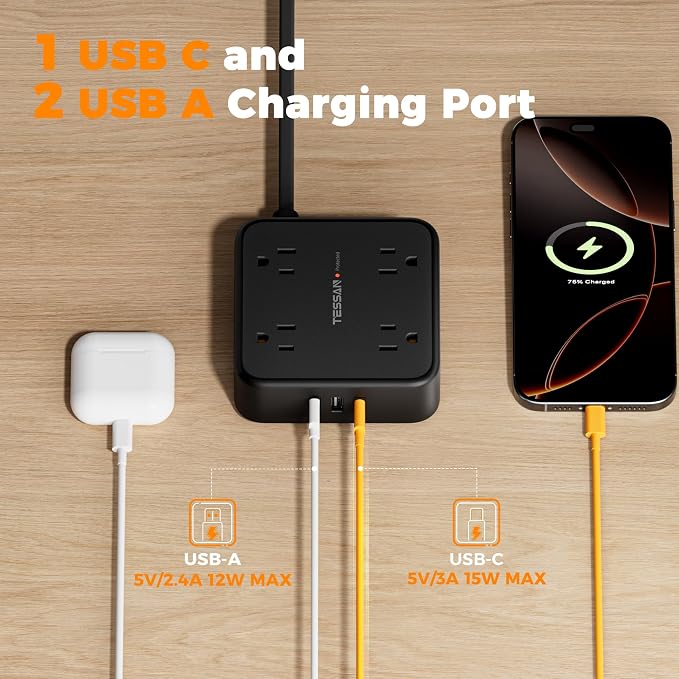 TESSAN Surge Protector Power Strip, 10 Ft Flat Plug Extension Cord with 3 USB (1 USB C) 8 Outlets, 900J Protection, 3 Sided Outlet Extender with Power Switch for Office, Dorm Room, Black