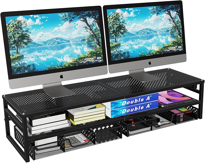 Simple Trending 2-Tier Metal Dual Monitor Stand with USB & 2 Drawers, Black | 32"W x 10"D x 7"H. USB 2.0 + charging port. 2 drawers. Mesh cooling vents. Holds 100 lbs. Non-slip base. Cable ties included.