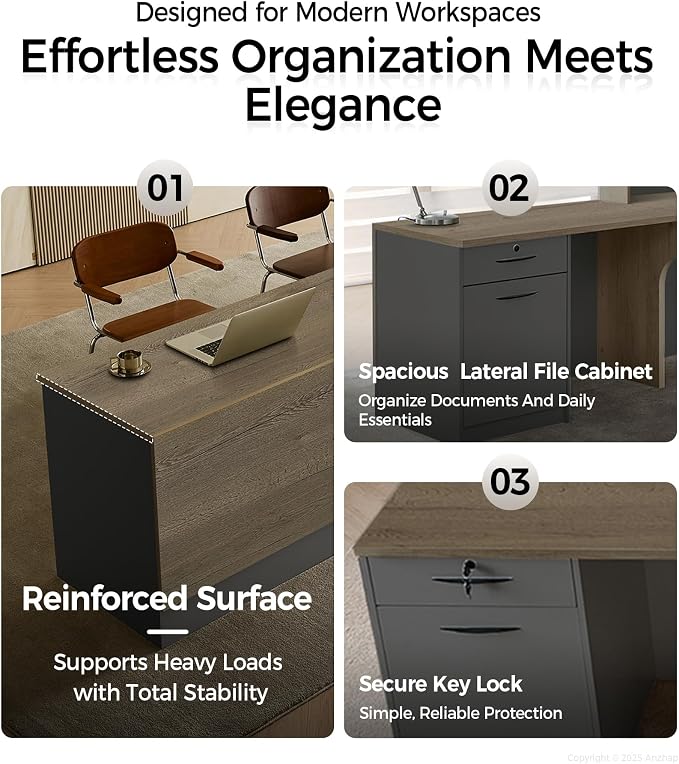 Modern L-Shaped Reception Desk with Counter - 71 Inches Front Desk with Storage Cabinet, Open Shelves, Lockable Drawer & Keyboard Tray for Office, Lobby, Checkout (Tobacco Wood & Iron Gray - Left)