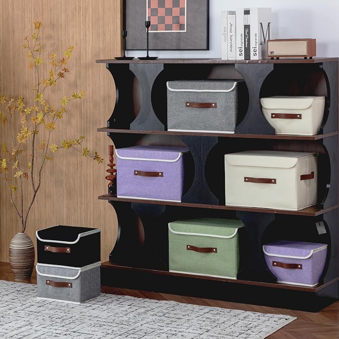 Storage Bins Box with Lids Decorative Cotton Linen Fabric Baskets Cubes with Handles PP Plastic Board Foldable Washable Lidded Clothing Shelf Closet Organizer Container (Beige, Large)
