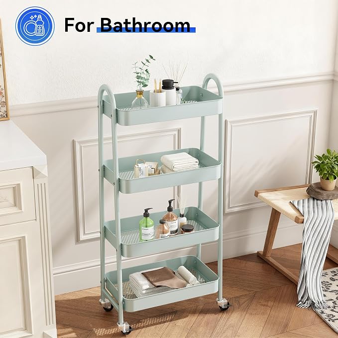 NEWBULIG 4-Tier Metal Rolling Cart with Lockable Wheels, Heavy Duty Mobile Utility Storage Shelf, Roller Book Snack Cart, Organization for Livingroom, Bathroom, Office, Green