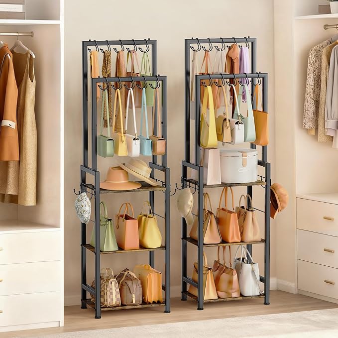 Tall Purse Organizer with Double Rods:Purse Rack Stand with 10 Purse Hanger & 6 Side Hooks,Visible Backpack Handbag Storage, Space-Saving Bag Organizer Rack for Home, Closet, Small Space,Black