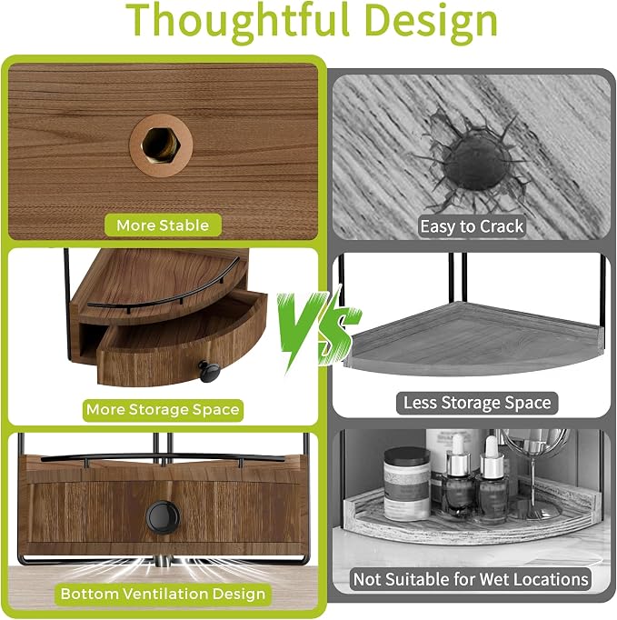 2-Tier Corner Bathroom Counter Organizer with Drawer, Dark Brown | Embedded Screw Holes, Wooden Countertop Organizers, Space-Saving, Bottom Ventilation Design, Counter Shelf for Vanity