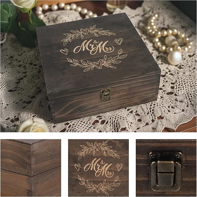 Mr and Mrs Wedding Memory Box- Wooden Keepsake Box with Lid for Couples, Rustic Storage Box for Cards, Photos & Mementos, Anniversary & Engagement Gift- 11.4x11.4x4.5 Inches