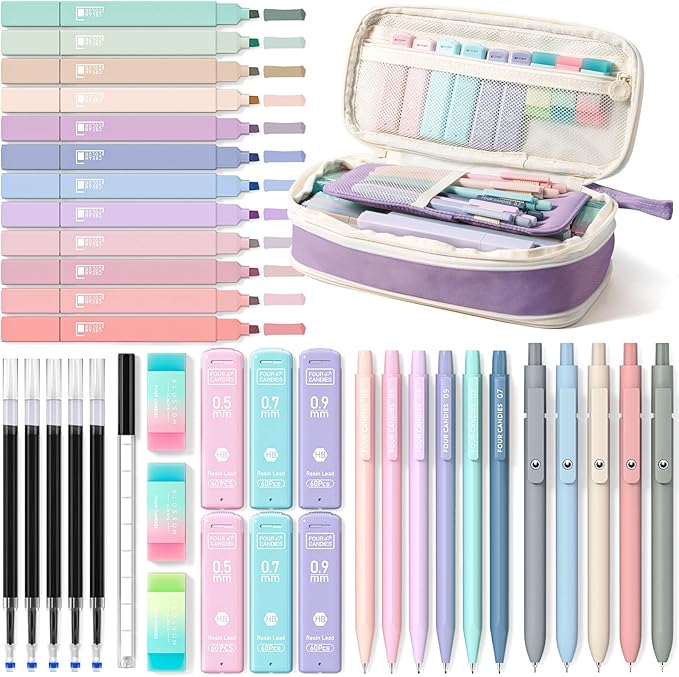 Four Candies 39 PCS Aesthetic School Supplies with Cute Pen Case, 12 Pastel Highlighters, 5 Black Ink Gel Pens, 6 Mechanical Pencils Set for Students Stationary College Essentials (Purple)