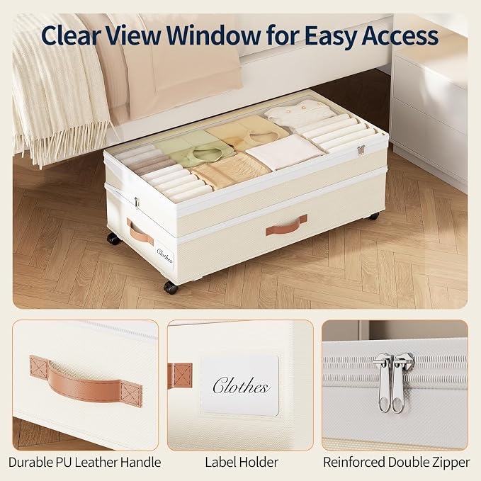 Yecaye Under Bed Storage with Wheels, 8 in-11 in Height Adjustable Under Bed Storage Containers, 90 L Under Bed Shoe Storage with Lids & Label, Rolling Underbed Storage bins for Clothes, Beige