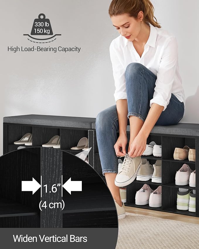 Hzuaneri Shoe Storage Bench with Cushion, Entryway Storage Bench with 18 Cubbies, 9.5" Widened Organizer Cabinet, Long Cubby Rack for Living Room, Bedroom, Entryway, Black SB25704GY