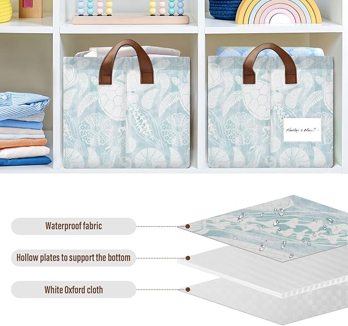 Light Blue Marine Life Turtle Coastal Storage Basket Foldable Cube Storage Bins with Handles&Label Collapsible Organizer Box Bin Large Rectangle Decorative Baskets for Shelves Home Living Room Closet
