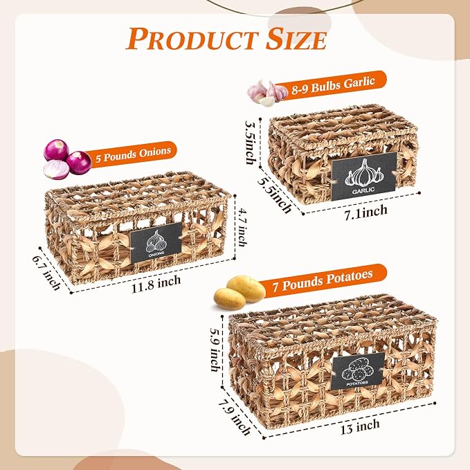 Blushtier Set of 3 Kitchen Vegetable Storage Potato Onion Garlic Storage Bins with Lid and Label, Handwoven Wicker Pantry Organizer Keeper Containers Baskets for Countertop Cabinet Farmhouse Decor