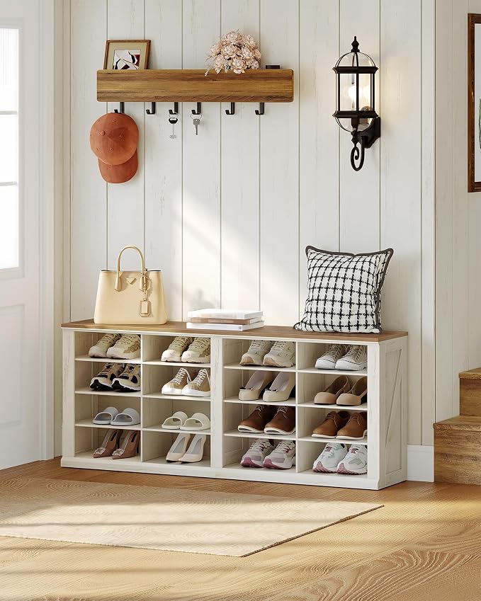 Hzuaneri Shoe Storage Bench, Wooden Entryway Shoe Benches with Cubby | Widened Wooden Farmhouse Shoe Bench with Compartments, Shoe Rack Benches for Cloakroom, Living Room, Antique White SB24614X