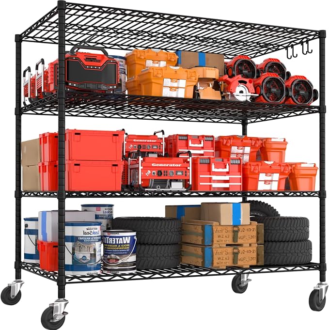 PrimeZone 55.5" W x 24" D x 80" H Heavy Duty Wire Storage Shelves with Wheels, 4 Tier Adjustable NSF Commercial Garage Shelving Unit, Rolling Metal Organizer Shelf Rack for Warehouse, Pantry, Black