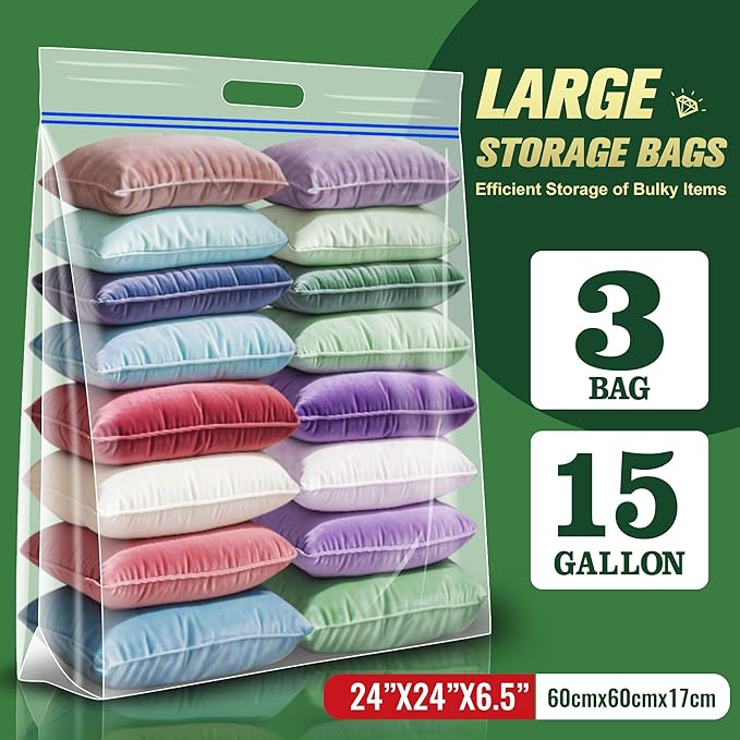 15 Gallon Large Storage Bags, 24" x 24" Clear Plastic Zipper Bags with Handles, Extra Large XL Heavy Duty for Travel Home Moving, Pack of 3