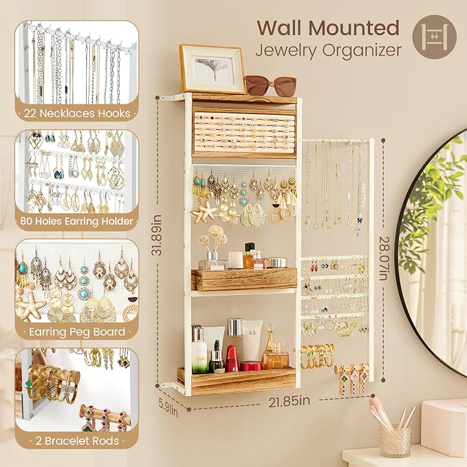 Pinzoveco Hanging Jewelry Organizer Wall Mounted, Large Hanging Jewelry Organizer Holder for Necklaces,Bracelest,Earrings,Rings,Watched,Makeup & Perfume (White)