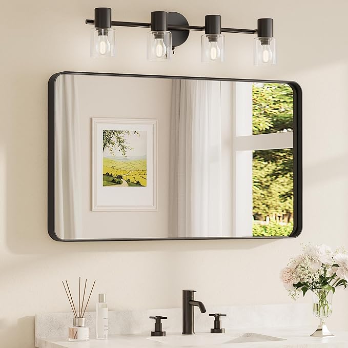 TETOTE Black Framed Bathroom Mirror, 40 x 24 Inch Matte Metal Frame Vanity Mirror, Modern Farmhouse Wall Mounted Rectangle Mirror (Horizontal/Vertical)
