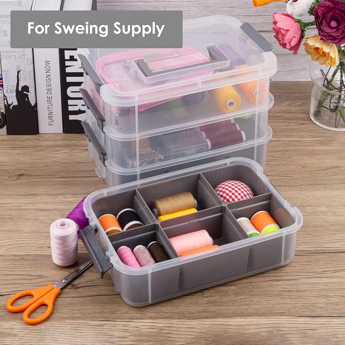 CraftGenes Craft Organizers and Storage, 4-Tier 10 Qt Box, 2 Trays, Grey | Clear Compartments; Dual Removable Inserts; Carry Handle; Side Latches; Beads, Ribbon, Stamps, Scrapbook Pieces, DIY Tools