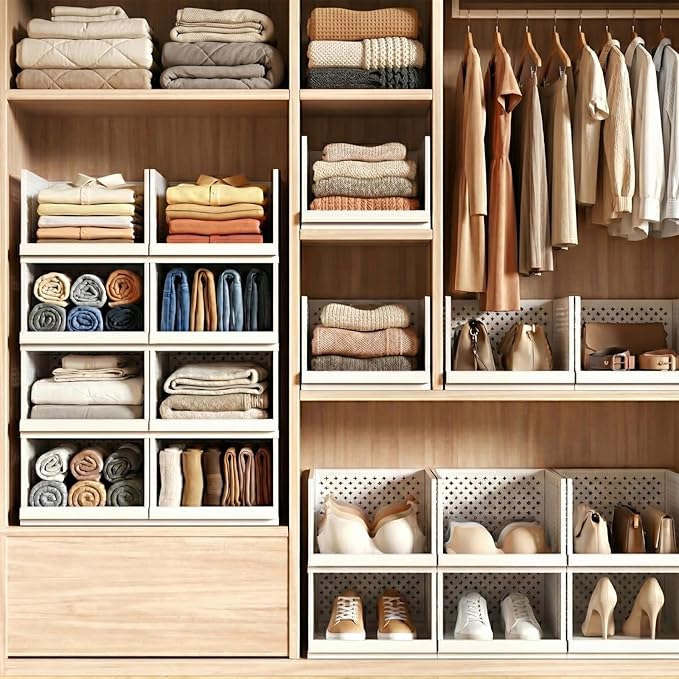 MIUOOPUR New Upgrade 3 Pack Closet Organizers and Storage Basket, Plastic Stackable Storage Drawers, Multifunctional Space-Saving Bins, Suitable for Wardrobe Cupboard Pantry Kitchen Bathroom Office