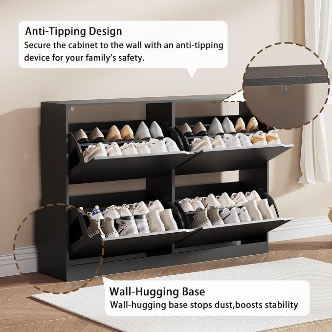Shoe Storage Cabinet, Wood Shoe Organizer for Entryway with 3 Flip Drawers, Freestanding Shoe Rack with Adjustable Shelf, Narrow Shoe Dresser for Front Door Entrance (Black, 4 Drawers)