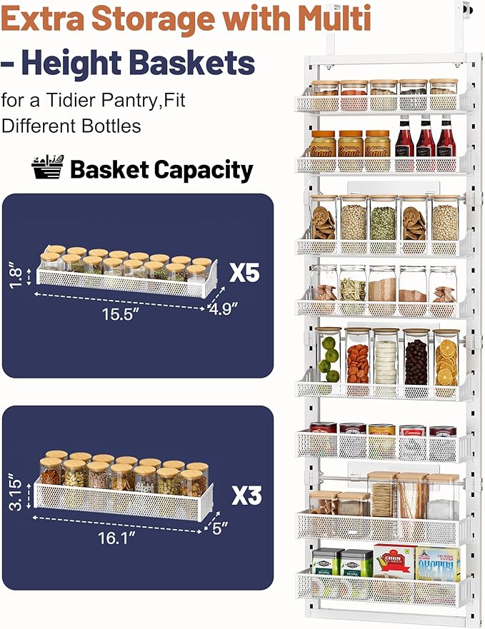 8 Tier Pantry Door Organizer, 2 IN 1 Over the Door Pantry Organizer with Metal Adjustable Baskets,Spice Rack Wall Mount or Door Organizer, Door Spice Rack for Pantry