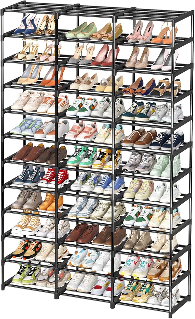 Ekisemio Shoe Rack Large Capacity 72 Pairs Tall Shoe Shelf, 3 Row 12 Tiers Sturdy Metal Shoe Organizer for Entryway, Closet, Bedroom, Black