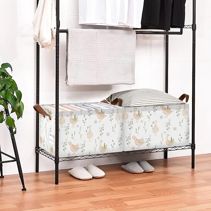 Cute Goose with Floral and Leaves Storage Basket Foldable Cube Storage Bins with Handles&Label Collapsible Organizer Box Bin Large Rectangle Decorative Baskets for Shelves Home Living Room Closet-2 PC