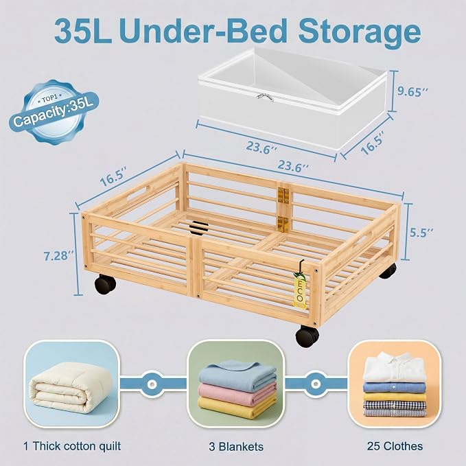 Underbed Storage with Wheels, 2 Pack Bamboo Containers for Shoes & Clothes | Dustproof bags protect contents. Stackable frames save space. 360° wheels provide smooth access to clothes, bedding and toys