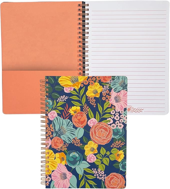 Steel Mill & Co Cute Floral Mini Spiral Notebook, 8.25" x 6.25" Journal with Durable Hardcover and 160 Lined Pages, Garden Blooms (Navy)