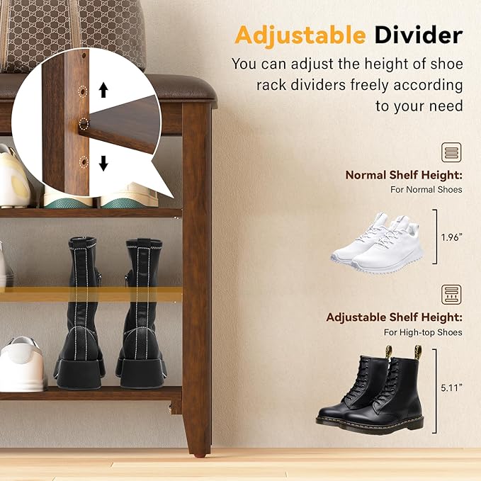 Taitiy Shoe Bench Storage Rubberwood for Entryway Bench Ideal for Hallways Shoe Rack Front Doors Entrances Mudrooms Featuring 3 Height-Adjustable and Removable Shelves