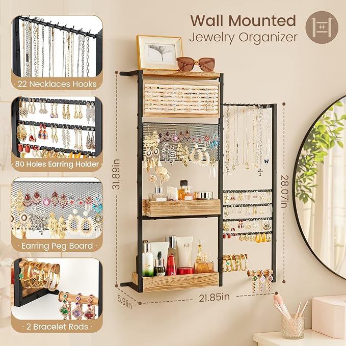 Pinzoveco Hanging Jewelry Organizer Wall Mounted, Large Hanging Jewelry Organizer Holder for Necklaces,Bracelest,Earrings,Rings,Watched,Makeup & Perfume (Black)