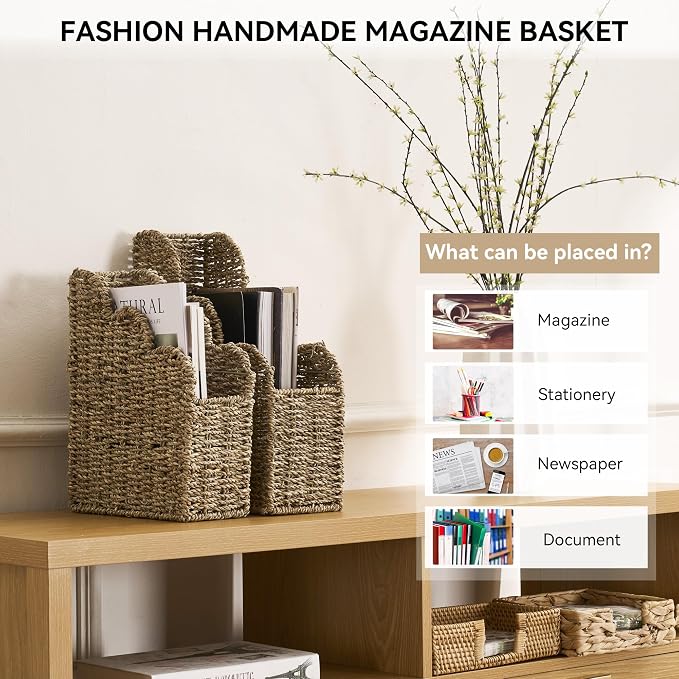 BROWNLILY Scalloped Magazine Holder Set of 2 - Natural Handwoven Seagrass Book Baskets for Bedroom, Bathroom, Living Room, Home, Office - Home Organization and Storage