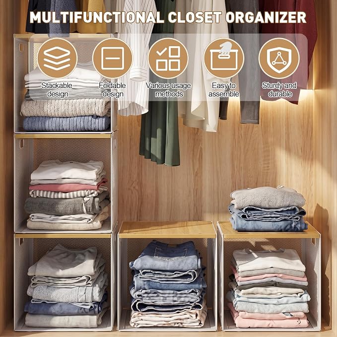 AceOrbit 3 Pcs Widened Stackable Closet Organizer and Storage with Wood Top Foldable Metal Cube Closet Shelf DIY Space Saving Linen Clothes Shoe Bed Sheet Bin Wardrobe Bedroom ( 15.6"x12"x8.7", Dark)