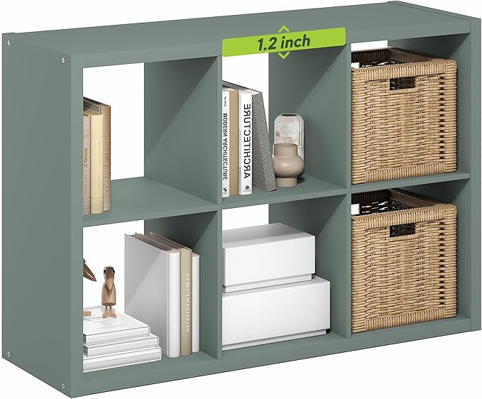 Furinno Cubicle 6-Cube Book Shelf, Extra Thick Frame Bookshelf, Sage Green | 14.6" x 44" x 30", Horizontally & Vertically Reversible Bookcase with Open Back, for Living Room, Bedroom, Home Office