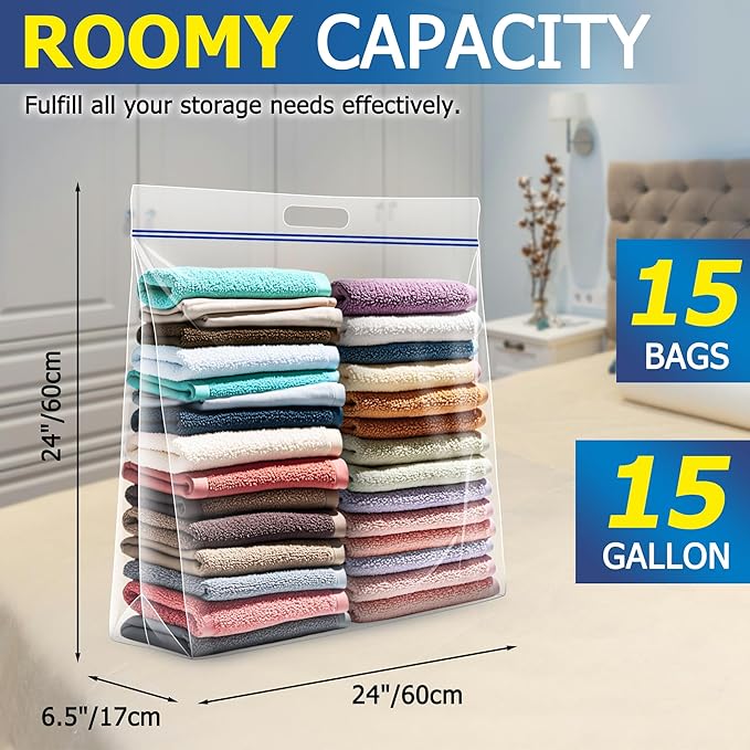 15 Gallon Large Storage Bags, 3.5 Mil Thick Clear Plastic Zipper Bags with Handles, 24" x 24" Large Heavy Duty for Home, Travel, and Moving (15 Packs)