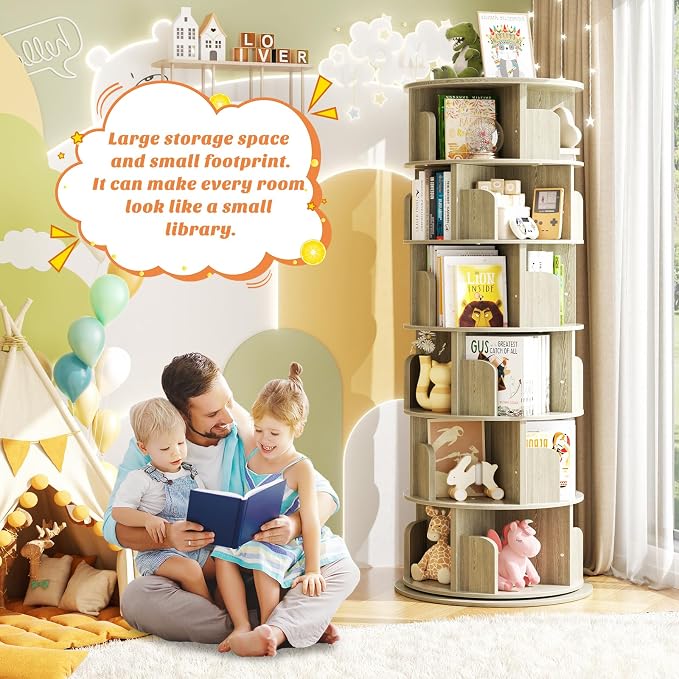Aheaplus 6 Tier Rotating Bookshelf, Wood Spinning Bookshelf Tower, Round Revolving 360 Bookcase, Narrow Turning Book Shelf Rolling Corner Organizer for Small Space, Bedroom, Office, White Oak