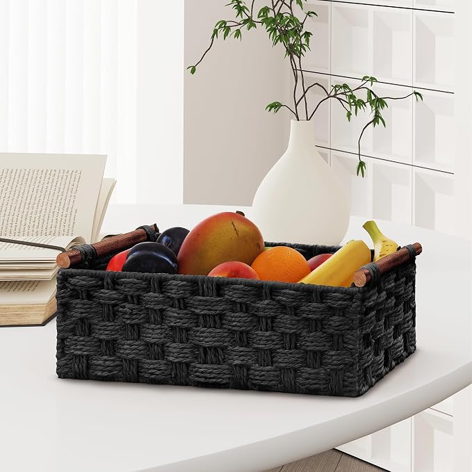 Vagusicc Wicker Storage Basket, Set of 2 Hand-Woven Paper Rope Wicker Basket for Organizing with Handle Decorative Storage Bins for Counter Pantry Shelves Toilet Paper Basket for Toilet Tank Top,Black