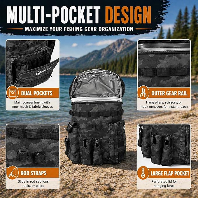 FUNHORUN Fishing Bucket Organizer with 5 Gallon Bucket & Rotating Seat Lid | 360 Swivel Seat Lid, Bucket Backpack with Backpack Straps, Full Water-Resistant & Multi-Pockets (Fishing Tools Not Included)