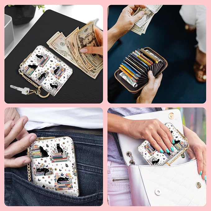 Blusabaca RFID Credit Card Holder Small Women Travel Wallet, Cute Black Cat | Removable Keychain, Case with Zipper, Vegan PU Leather, Cash Coin Pocket, Business Accordion Purse, Ladies Female Gift
