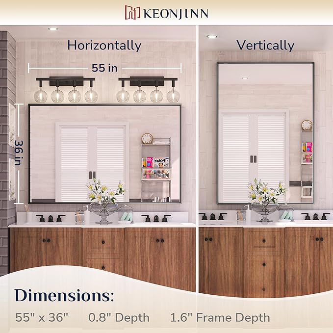 Keonjinn 55 x 36 Inch Black Mirror for Bathroom, Matte Black Large Rectangle Vanity Mirror, Metal Framed Farmhouse Mirrors, Modern Rectangular Wall Mirrors with Square Corner