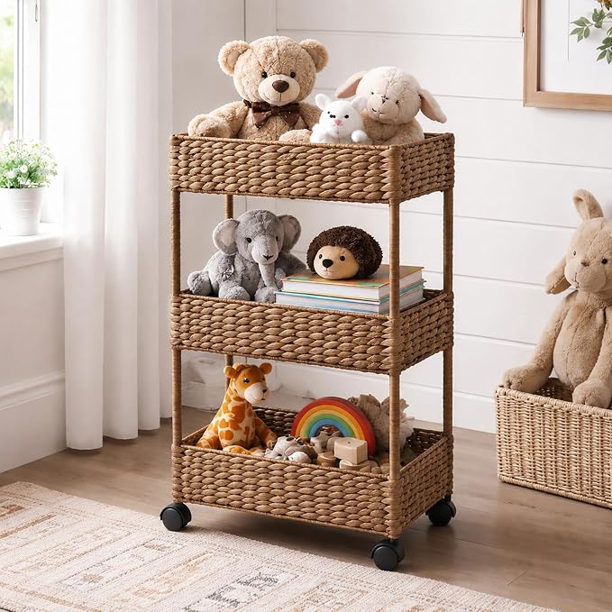Casafield 3-Tier Rolling Storage Cart - Cinnamon, Water Hyacinth Nursery Caddy, Utility Cart for Bathroom, Craft Room, Laundry Room Organization