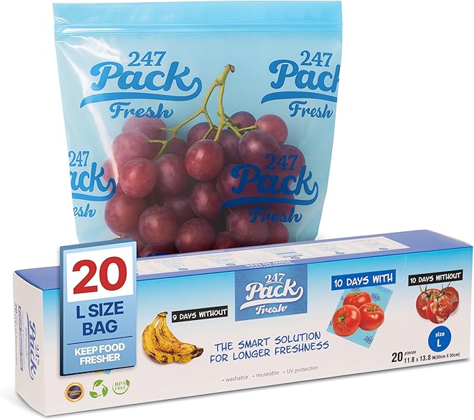 Freshpack 247 Produce Storage Bags Size L 12 x 14 Inches 1.5 Gallon 20 Pack Reusable Food Storage Bags With Zipper For Fruits Vegetables Meal Prep Lunch Pantry Use