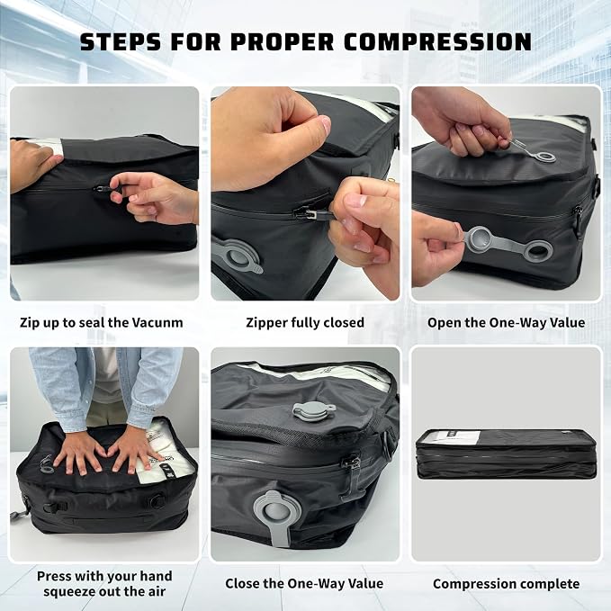 ONTYZZ Vacuum Compression Bag 20 inch Space Saver Bags Travel Case with IP67 Waterproof Zipper for Business Trip, Two Bag Black with Pump