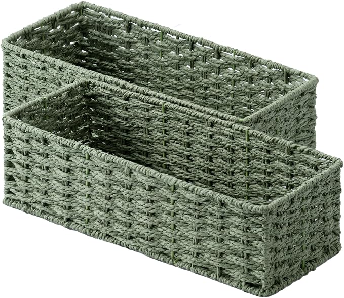StorageWorks Sage Green Paper Rope Bathroom Basket Organizer and Storage for Tank Topper, Wicker Toilet Paper Basket for Back of Toilet Baskets, Small Narrow Tank Trays for Bathroom Decor, 2 Pack