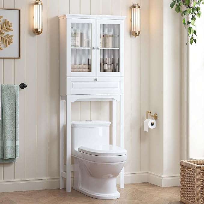 Spirich Over the Toilet Storage Cabinet with Moru Glass Doors, White | Tilt-Out Storage, Adjustable Shelf & Bottom Crossbar, Anti-Tip Bracket, 33-Inch Clearance, Space-Saving Bathroom Organizer