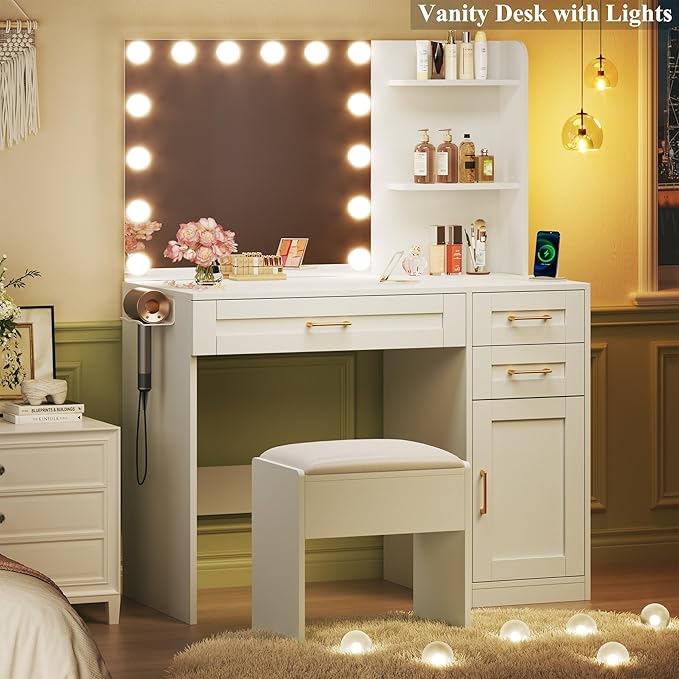 HUAHUU Vanity Desk with Lights, 37inch Makeup Vanity Desk with Mirror & Power Outlet, 3 Colors Lighting Adjustable Brightness, Makeup Vanity Set with Cushioned Chair and Cabinet, 3 Drawers, White