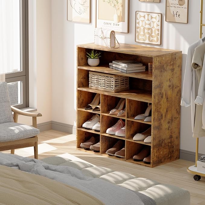 9-Cubby Shoe Rack, Wood Shoe Organizer Bench for Entryway Hallway Closet | Wood