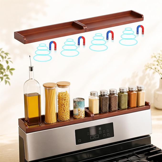 Magnetic Stove Top Shelf 30 Inch – Walnut Finish Over the Stove Shelf for Flat Top Stoves, Bamboo Wooden Stove Shelf, Strong Magnetic Spice Rack Organizer, No Drilling