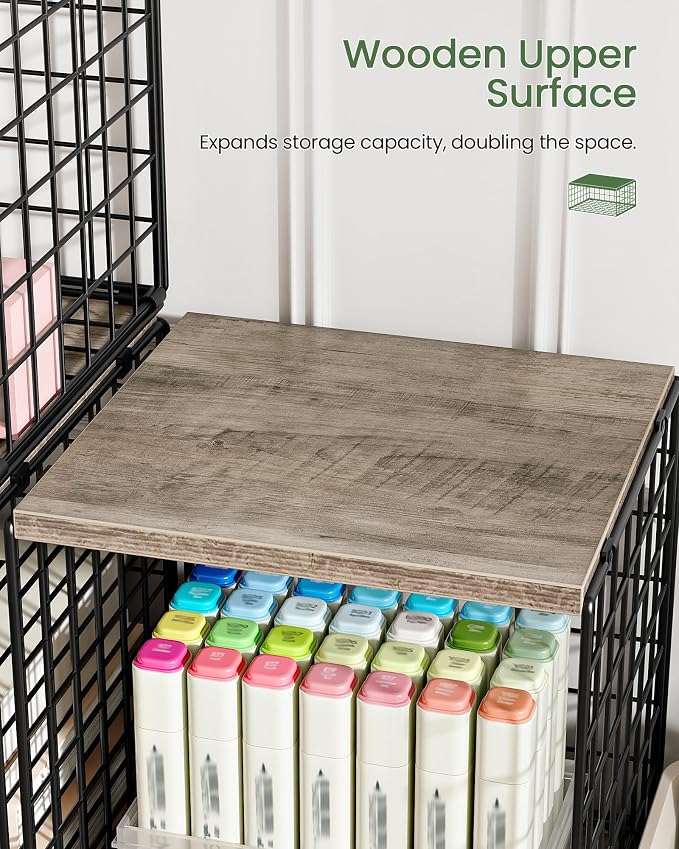 CHOEZON 4-Tier Closet Organizers and Storage, Stackable Storage Bin Baskets with Wooden Upper Surface, Closet Shelves Clothes Storage Cubes for Wardrobe and Closet Organization, Greige and Black