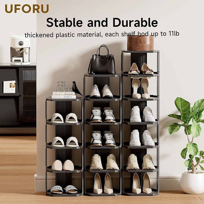 UFORU Vertical Shoe Rack, 9-Tier Plastic Stackable Storage Shelf for Small Closets and Narrow Spaces, Compact Free Standing Shoe Racks for Entryway Bedroom Dormitory
