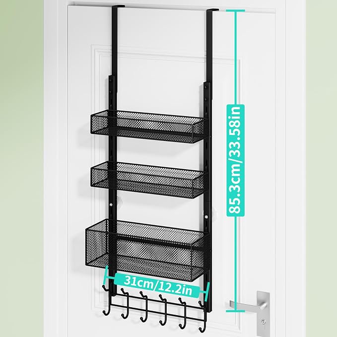 HapiRm Over The Door Hanger with Coat Hooks and 3 Baskets, Rustproof Over The Door Hooks, Storage Organizer for Hats, Towels - Black