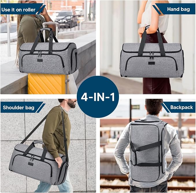 Vessgra Garment Bags for Travel,Convertible Garment Bag with Shoulder Strap, 4 in 1 Suit Bag Travel with Shoes Foldable 58L Garment Bags for Men Women Garment Duffel Bags for Hanging Clothes,Grey